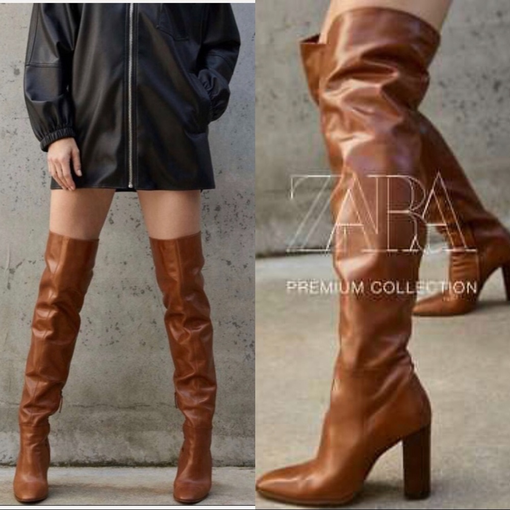 Zara heeled leather over knee boots